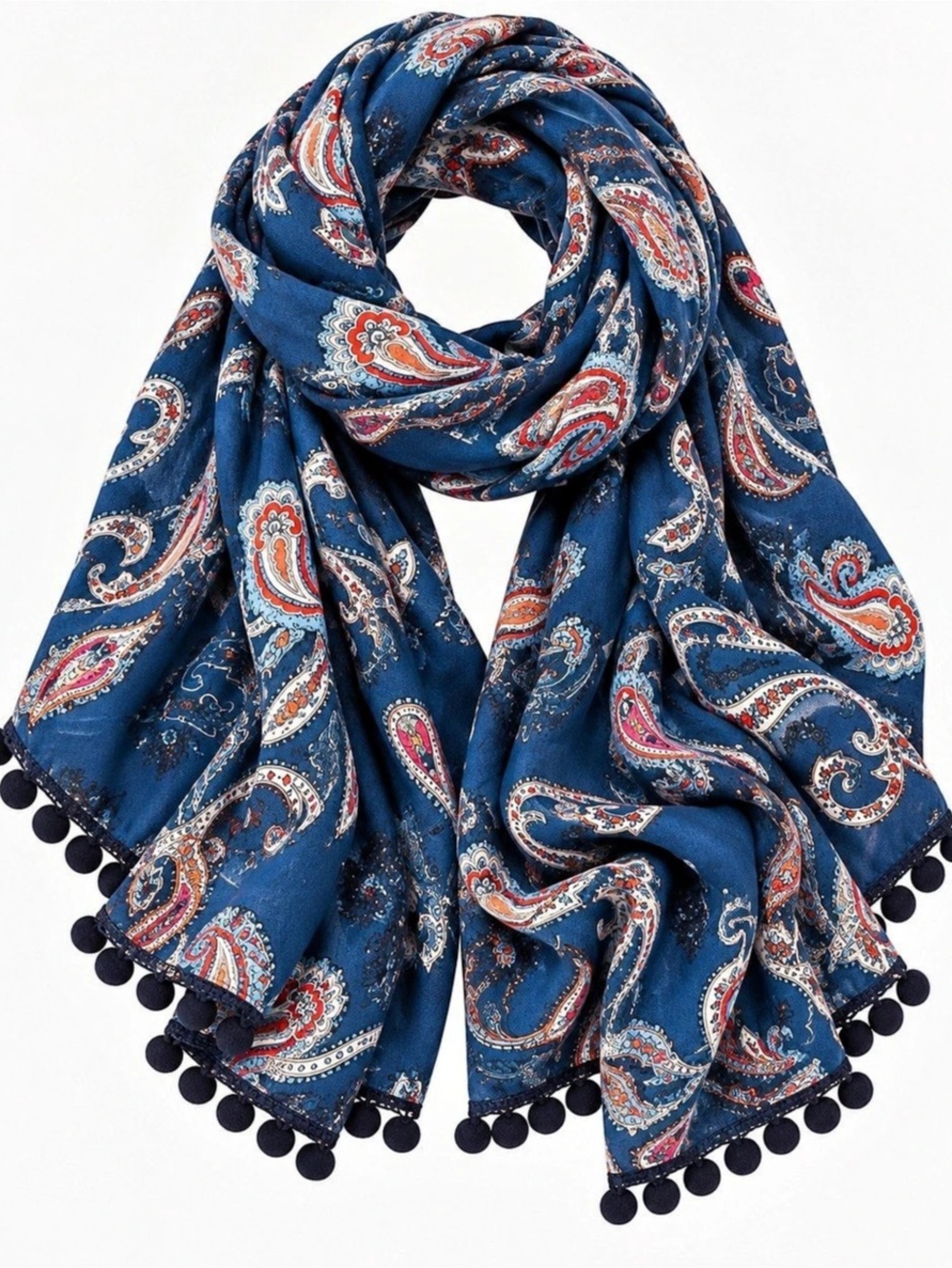 Paisley Pom-Pom Scarf in Blue & Red